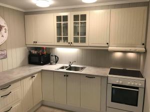 eine Küche mit weißen Schränken und einem Waschbecken in der Unterkunft Notodden Sentrum Apartment NO 3 in Notodden