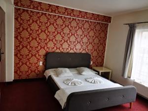 sypialnia z łóżkiem i czerwoną ścianą w obiekcie Golden Pension w mieście Târgu Jiu