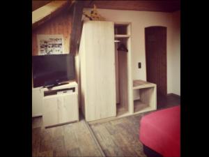 ein Wohnzimmer mit einem TV und einem TV-Stand mit einem tvicterictericter in der Unterkunft Henblas Hotel in Altenaffeln