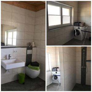 Rielasingen-WorblingenにあるFerienwohnung Reitanlage Winterhalderのバスルーム(シンク付)と洗濯機の写真2枚