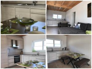 four pictures of a kitchen with a sink and a table at Ferienwohnung Reitanlage Winterhalder in Rielasingen-Worblingen