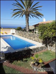 a swimming pool with a palm tree next to a house at Casafavorita - Meer- und Teideblick für Zwei in Santa Catalina