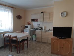 a kitchen with a table and a tv in a room at Ubytovanie v súkromí in Turčianske Teplice