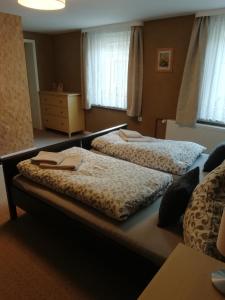 two beds sitting in a room with windows at Neues Vaterland in Zehdenick