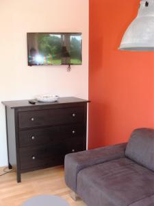 メーアスブルクにあるHaus Meersburg Seeのソファと壁掛けテレビのあるリビングルーム