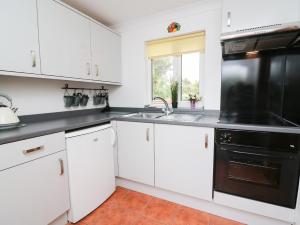 una cocina con armarios blancos y un aparato negro en Blaenywawr Annexe, en Cross Inn