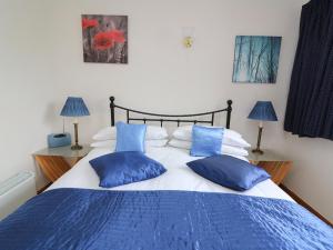 Una cama azul y blanca con almohadas azules. en Blaenywawr Annexe, en Cross Inn