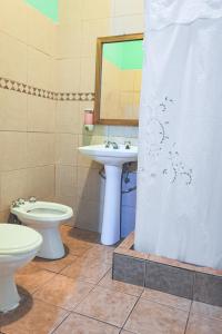 a bathroom with a sink and a toilet and a mirror at Art Factory San Telmo in Buenos Aires