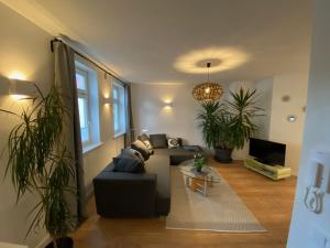 a living room with a couch and a tv at Schwalm-Apartment Treysa in Schwalmstadt