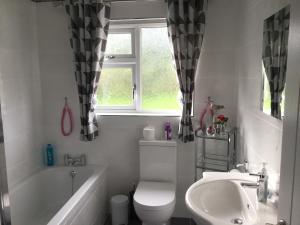 uma casa de banho com um lavatório, um WC e uma janela. em Garron View em Cushendall