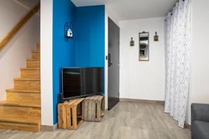 a living room with a tv and a blue wall at Chablis SPA : duplex Grand Cru in Chablis