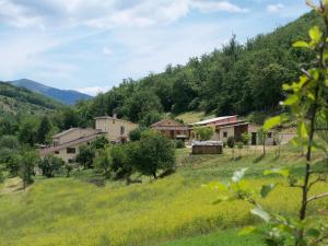 mała wioska na wzgórzu z domami i drzewami w obiekcie Agriturismo Casale Sant'Antonio w mieście Cascia