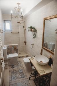 a bathroom with a sink and a toilet and a shower at La Contessa Apartament in Tîrgu Neamţ +14 photos
