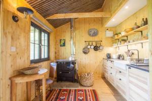 a kitchen with wooden walls and a stove at Off-Grid Relaxing Getaway at The Captain's Rest in Clachan of Campsie
