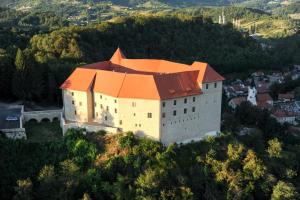 a building with an orange roof on top of a hill at Issy View House in Senovo