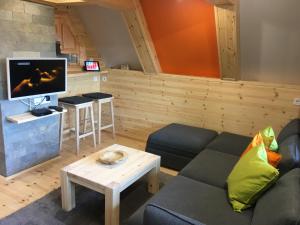 ein Wohnzimmer mit einem Sofa und einem TV in der Unterkunft Wooden Apartman Prémium Jacuzzival in Alsóörs