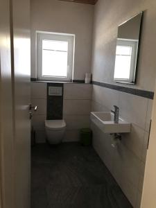 Rielasingen-WorblingenにあるFerienwohnung Reitanlage Winterhalderのトイレと洗面台と2つの窓があるバスルーム +4枚の写真