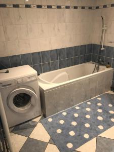 La salle de bains est pourvue d'un lave-linge et d'une baignoire. dans l'établissement gite des jardiniers, à Fumay