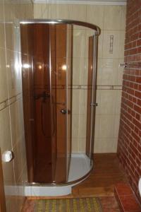 a shower with a glass door in a bathroom at Золото Карпат in Izki