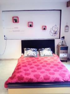 a bedroom with a bed with a pink blanket at Dolce Casa in Sainte-Foy-lès-Lyon