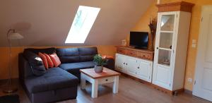 a living room with a blue couch and a tv at Ferienwohnung Wasserlilie in Kolonie