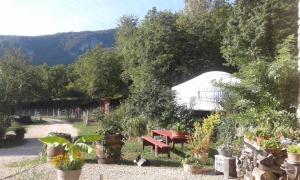 un jardin avec un banc de pique-nique et une serre dans l'établissement La maison des bergers, à Rochechinard