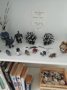 a shelf with some figurines and a box of rocks at Porcupine Walk in Simonʼs Town