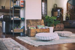 a living room with two pillows on the floor at La Casona de Amandi in Villaviciosa