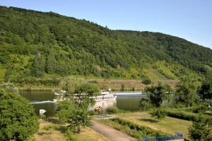 a boat is docked in a river next to a mountain at Pension Mosella , Wohnung mit Balkon und Moselblick in Sankt Aldegund