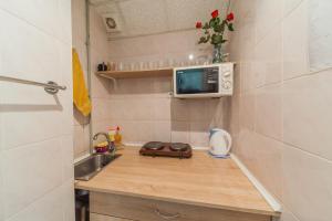 a small kitchen with a sink and a microwave at Guest House near Railway Station in Kyiv