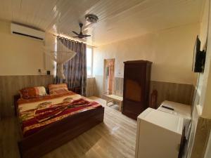 a bedroom with a bed and a dresser in it at Hotel Levy's in Bangui