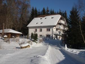 a house with a snow covered roof in the snow at Ferienhaus Hubertus in Elend mit Balkons in Elend