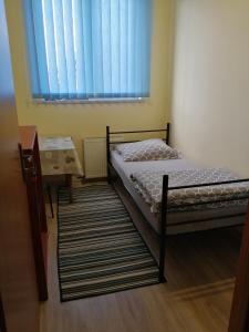 a bedroom with a bed and a window and a rug at Hostel Lisięcice in Lisiecice