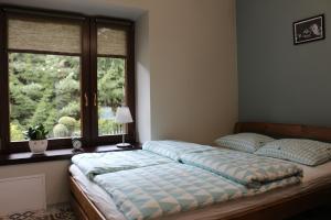 a bed sitting in a room with a window at Apartamenty Leszczynowa 7 blisko Zatora in Spytkowice