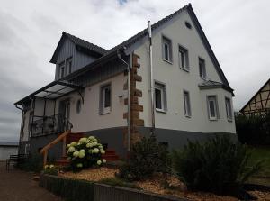 a white house with flowers in front of it at Landpension zur Hainbuche in Romrod