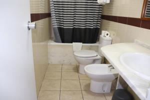 une salle de bain avec toilettes, lavabo et douche dans l'établissement Hotel Belém Tejo - Setubalense, à Lisbonne