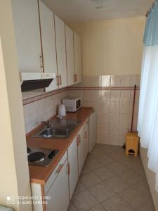 una pequeña cocina con fregadero y microondas en Apartments Ana, en Grebaštica