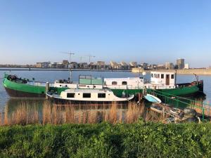 アムステルダムにあるFloating B&B Amsterdamの2隻の船が水上の桟橋に停泊