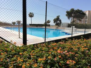 a fence in front of a swimming pool with flowers at Estudio La Corbeta in Torrox Costa