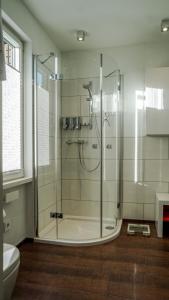 baño con ducha y puerta de cristal en Ferienhaus direkt am See - Kamin, Klima, Sauna und Boot en Friedland
