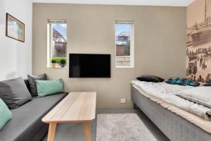sala de estar con sofá y TV de pantalla plana en Central Studio Apartment Apt 101 en Stavanger