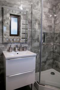 a bathroom with a sink and a shower at Eko Hotel Na Wierzynka & Park Pinokia in Wieliczka