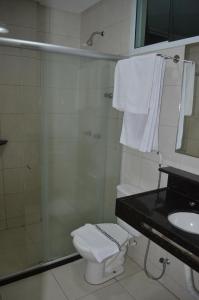a white toilet sitting next to a shower in a bathroom at Hotel La Ville in Sousa
