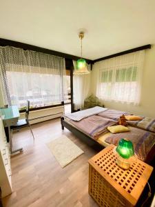 a bedroom with a bed and a desk and a table at Green Oasis in Sladki Vrh