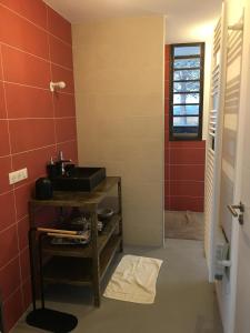 La salle de bains est pourvue d'un lavabo et d'un mur rouge. dans l'établissement Gîte PLACE FOR YOU, à Malissard