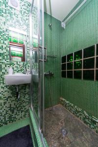 baño de azulejos verdes con ducha y lavamanos en Apartments on Besarabka, en Kiev