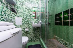 Baño de azulejos verdes con aseo y lavamanos en Apartments on Besarabka, en Kiev