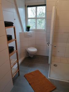 a small bathroom with a toilet and a window at Ferienhaus Bremke am Alfsee in Rieste