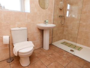 a bathroom with a toilet and a sink and a shower at Jess Cottage in Skipton +20 photos