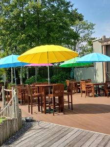 a group of tables and chairs with umbrellas at lakeland leisure park in Flookburgh